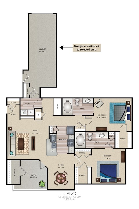 Floor plan for 2 beds, 2 baths, 1280 sqft